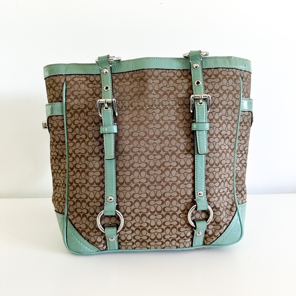 Coach Gallery Signature Jacquard Tan with Green and Patent Leather Satchel - Picture 9 of 12